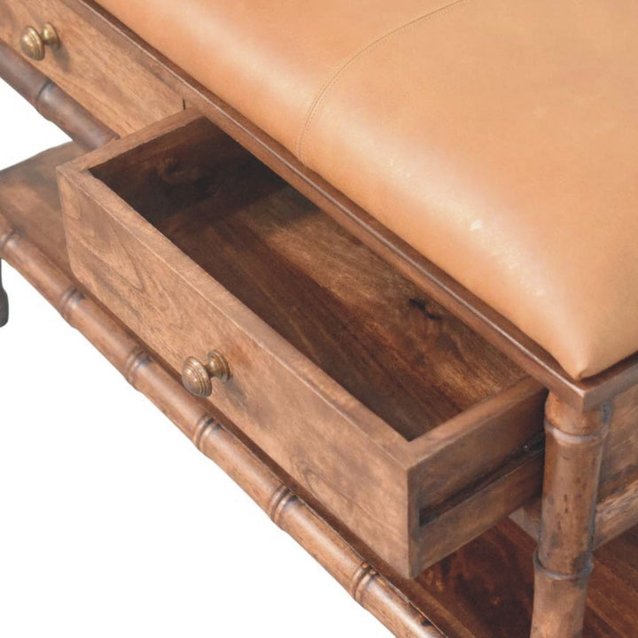 Solid Wood Bamboo Carved Storage Bench,Leather,2-Drawer,1-Shelf