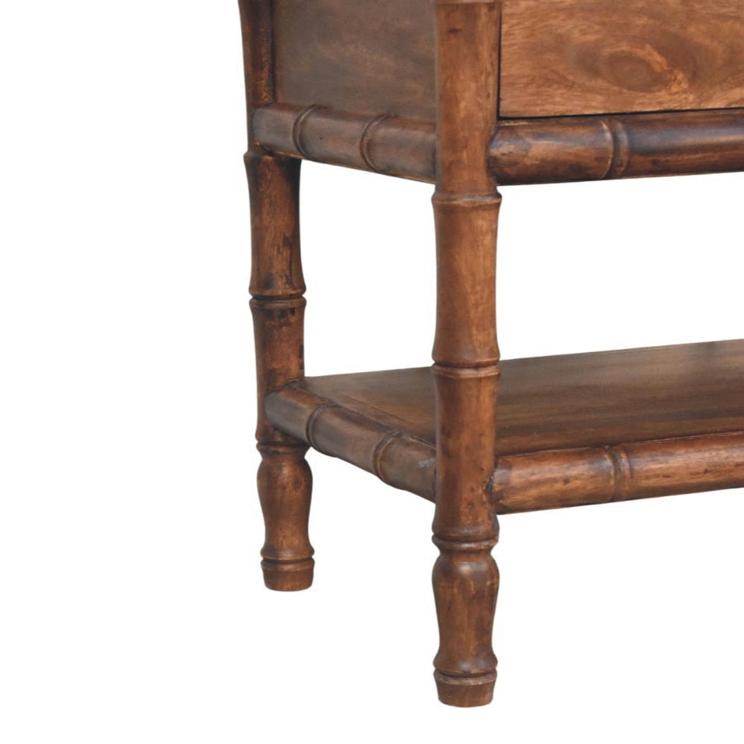 Solid Wood Bamboo Carved Storage Bench,Leather,2-Drawer,1-Shelf