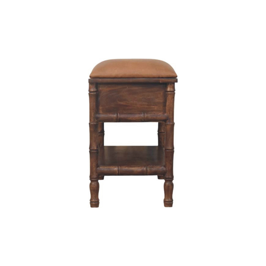 Solid Wood Bamboo Carved Storage Bench,Leather,2-Drawer,1-Shelf