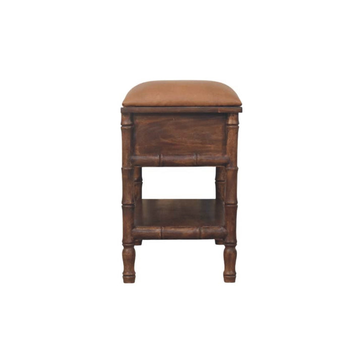 Solid Wood Bamboo Carved Storage Bench,Leather,2-Drawer,1-Shelf