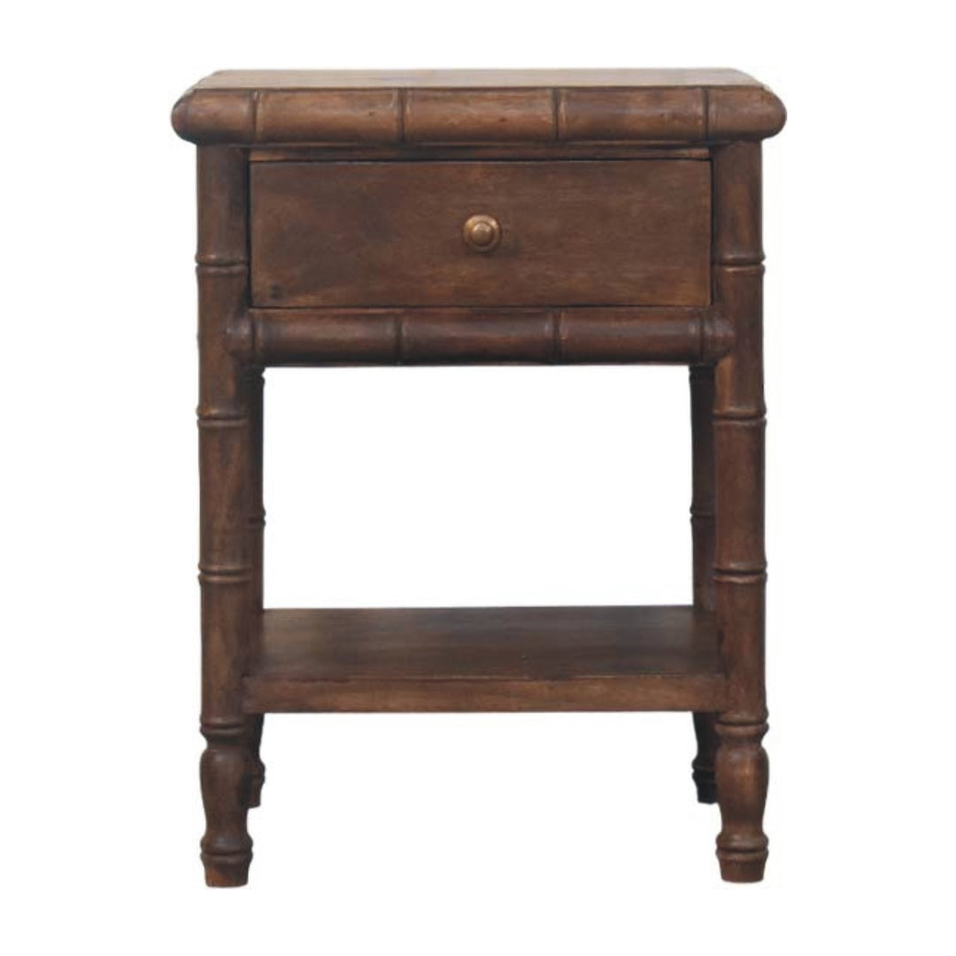 Solid Wood Bamboo Carved Bedside Table,Brown,1-Drawer,1-Shelf
