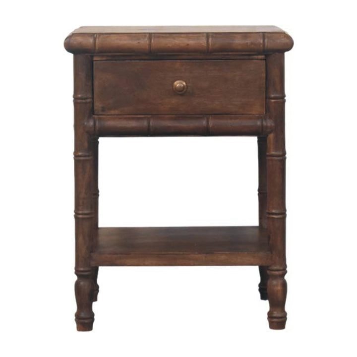 Solid Wood Bamboo Carved Bedside Table,Brown,1-Drawer,1-Shelf
