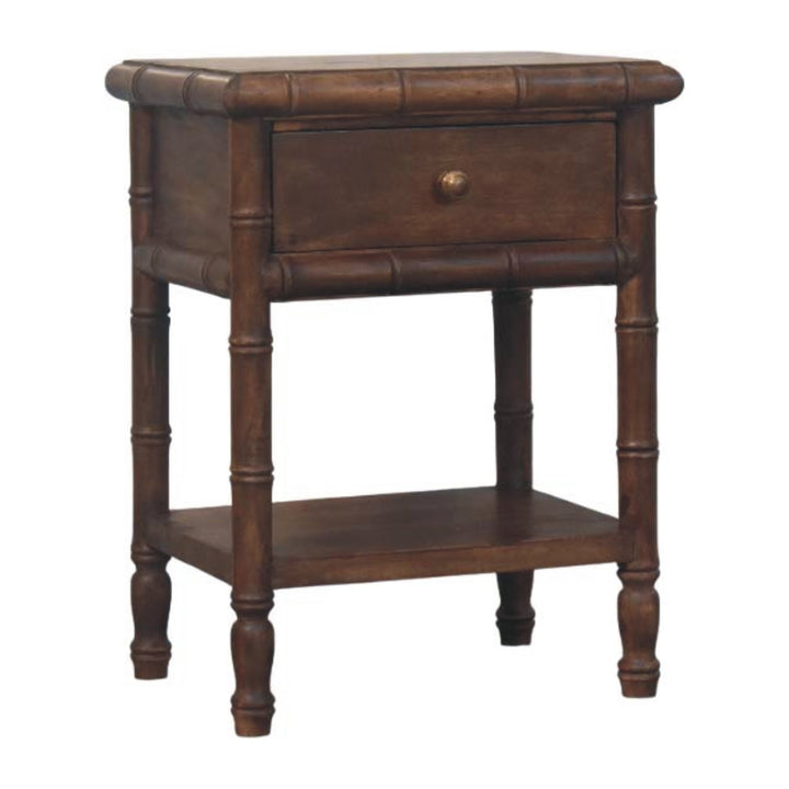 Solid Wood Bamboo Carved Bedside Table,Brown,1-Drawer,1-Shelf