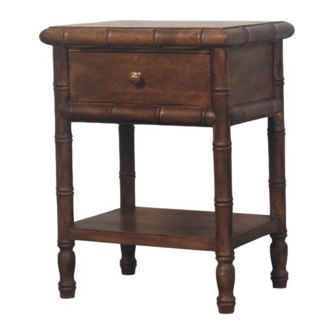 Solid Wood Bamboo Carved Bedside Table,Brown,1-Drawer,1-Shelf