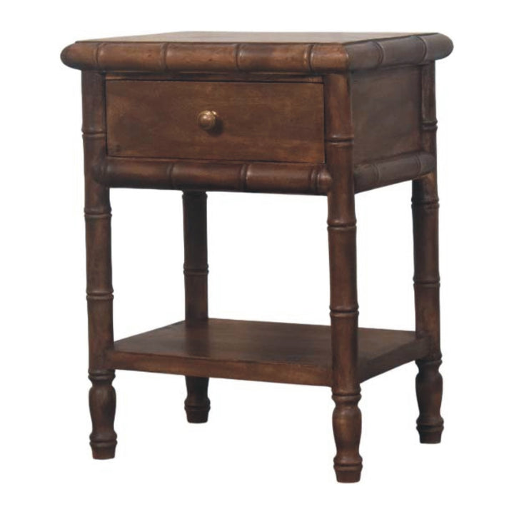 Solid Wood Bamboo Carved Bedside Table,Brown,1-Drawer,1-Shelf
