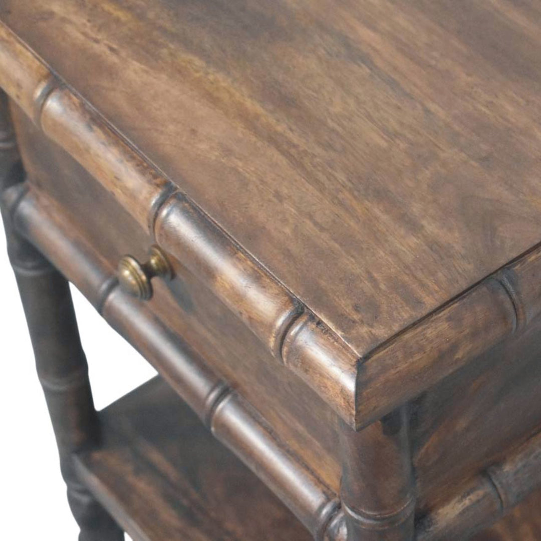 Solid Wood Bamboo Carved Bedside Table,Brown,1-Drawer,1-Shelf