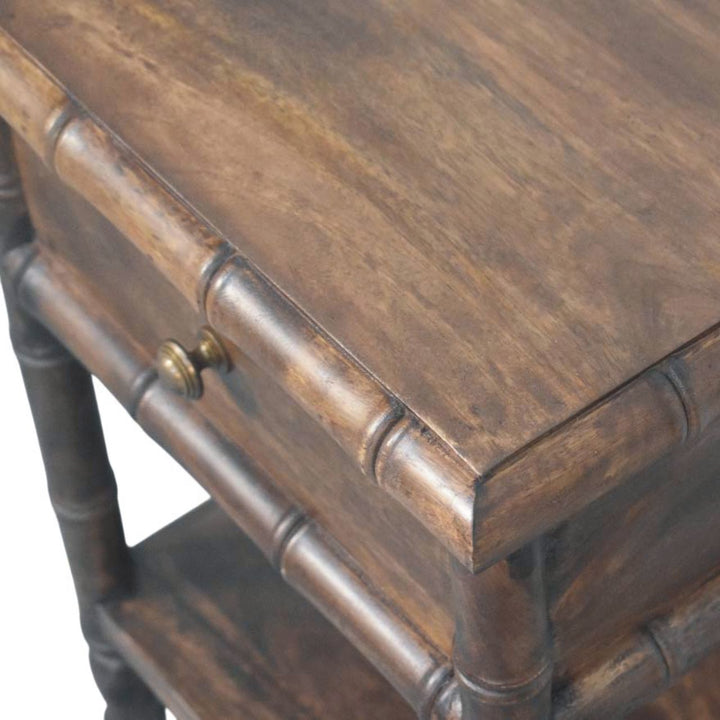Solid Wood Bamboo Carved Bedside Table,Brown,1-Drawer,1-Shelf