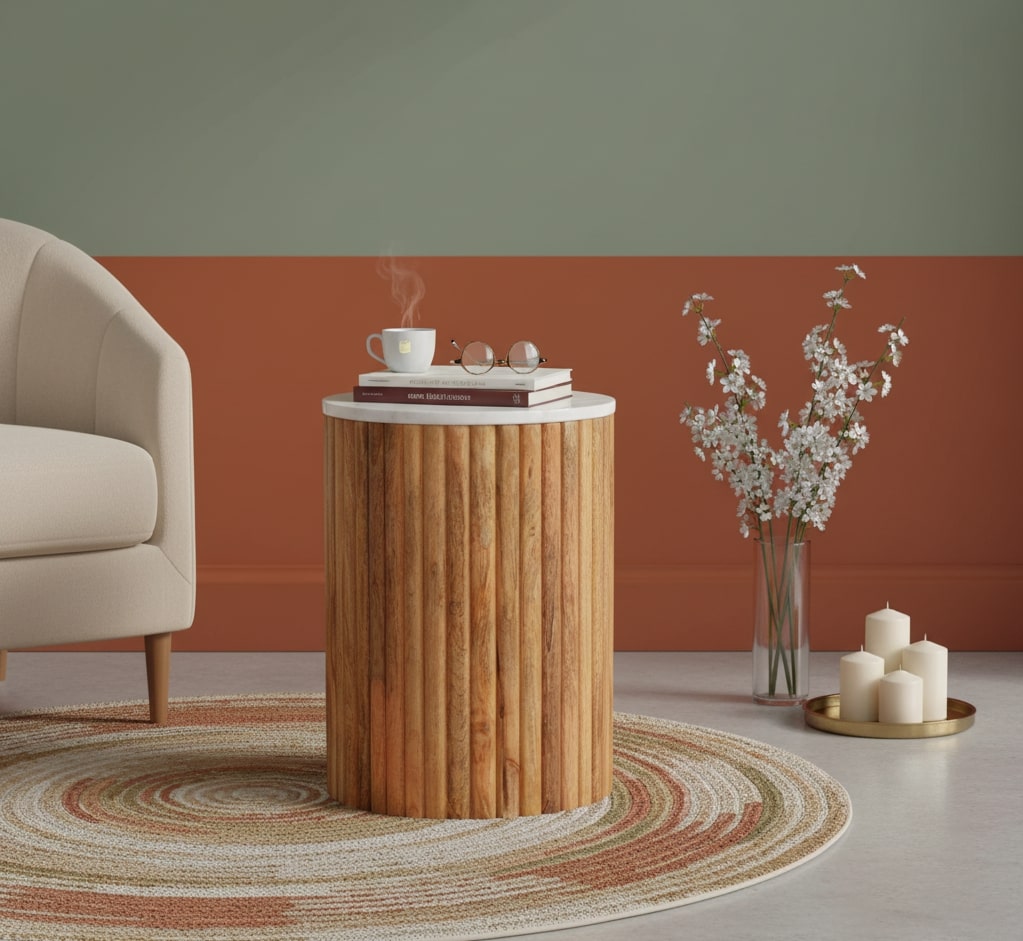 Artisan Furniture Solid Wood Fluted Marble Side Table