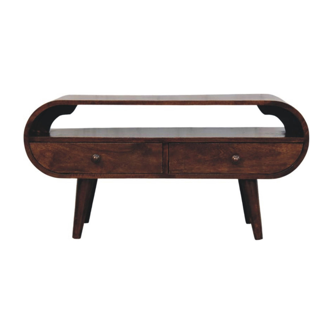 Solid Wood Walnut Curved Two Drawer Media Unit