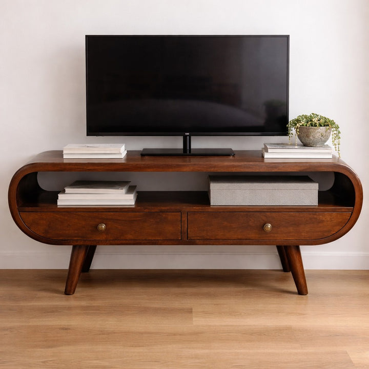 Solid Wood Walnut Curved Two Drawer Media Unit