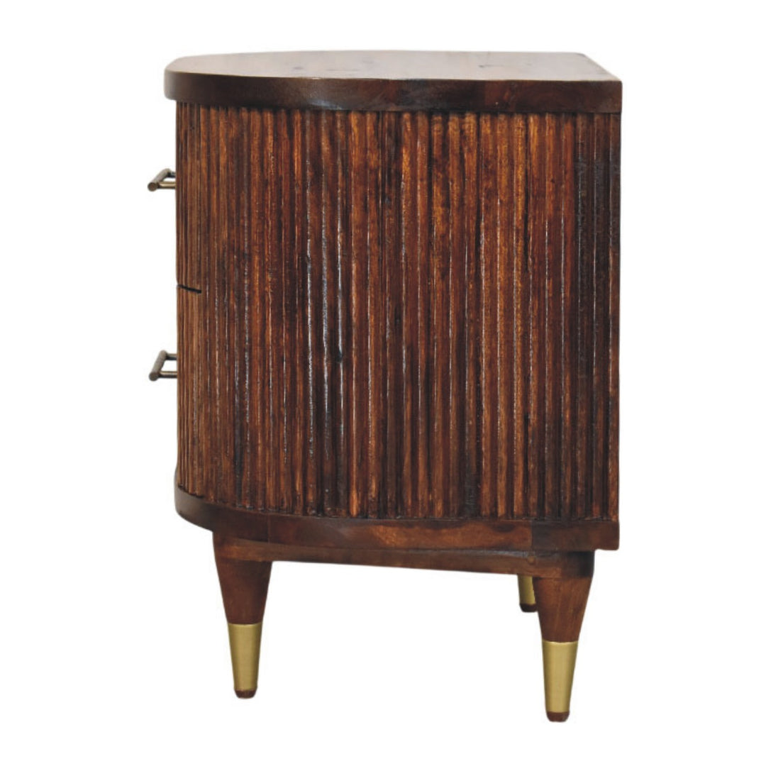 Solid Wood Ribbed Bedside with Brass Handles 2 Drawers Brown