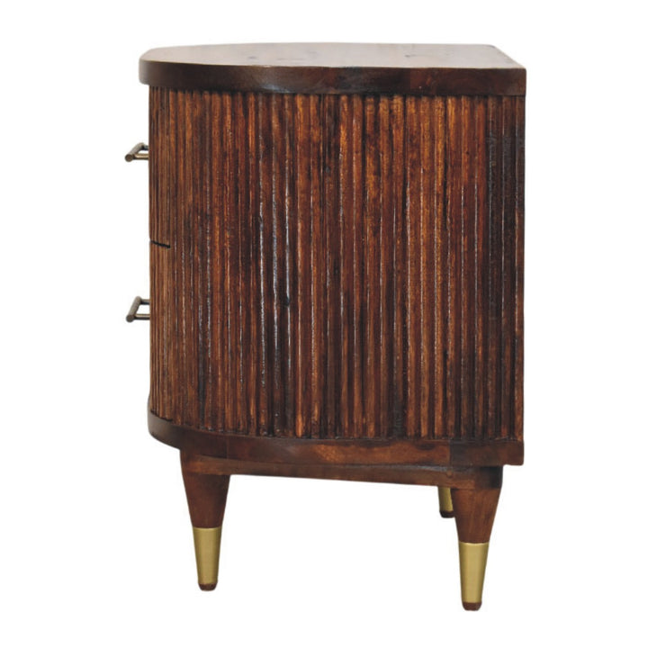 Solid Wood Ribbed Bedside with Brass Handles 2 Drawers Brown