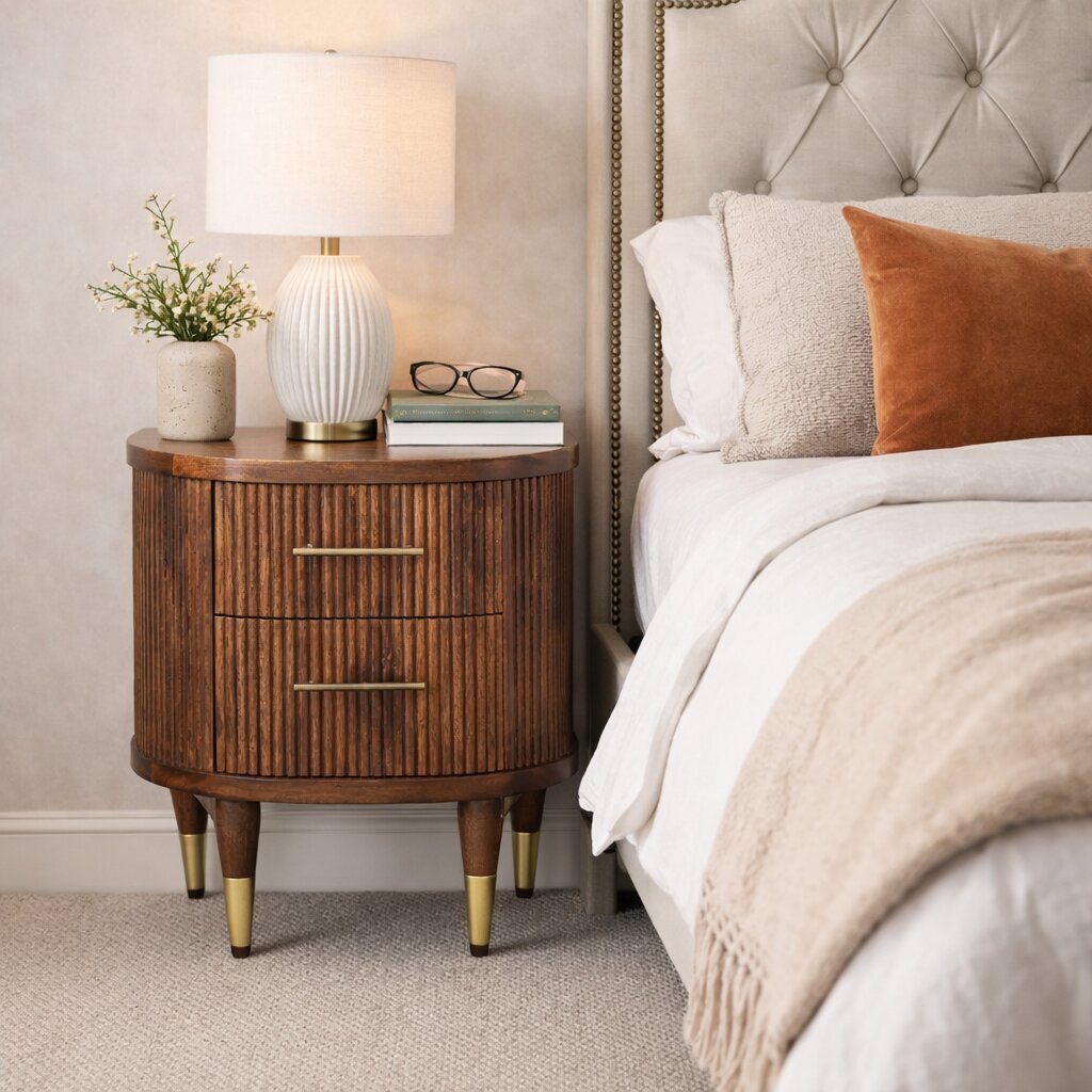 Solid Wood Ribbed Bedside with Brass Handles 2 Drawers Brown | ExpoBazaar