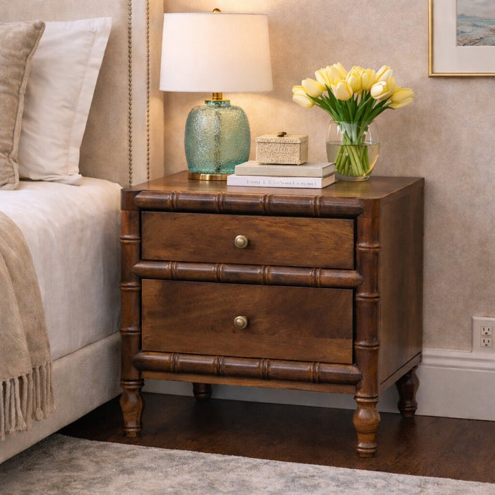 Solid Wood Bamboo Framed Bedside Table 2 Drawers Brown