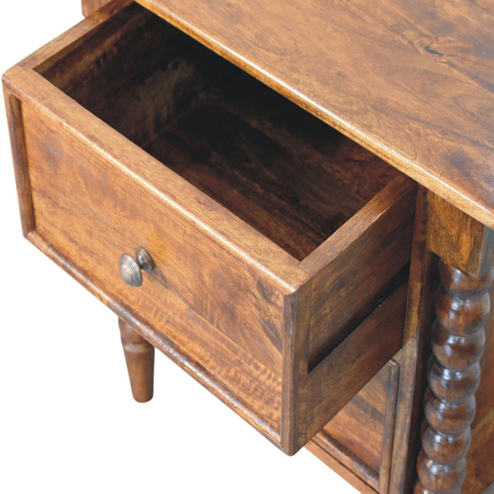 Solid Wood Spindle Beaded Bedside Table 2 Drawers Brown