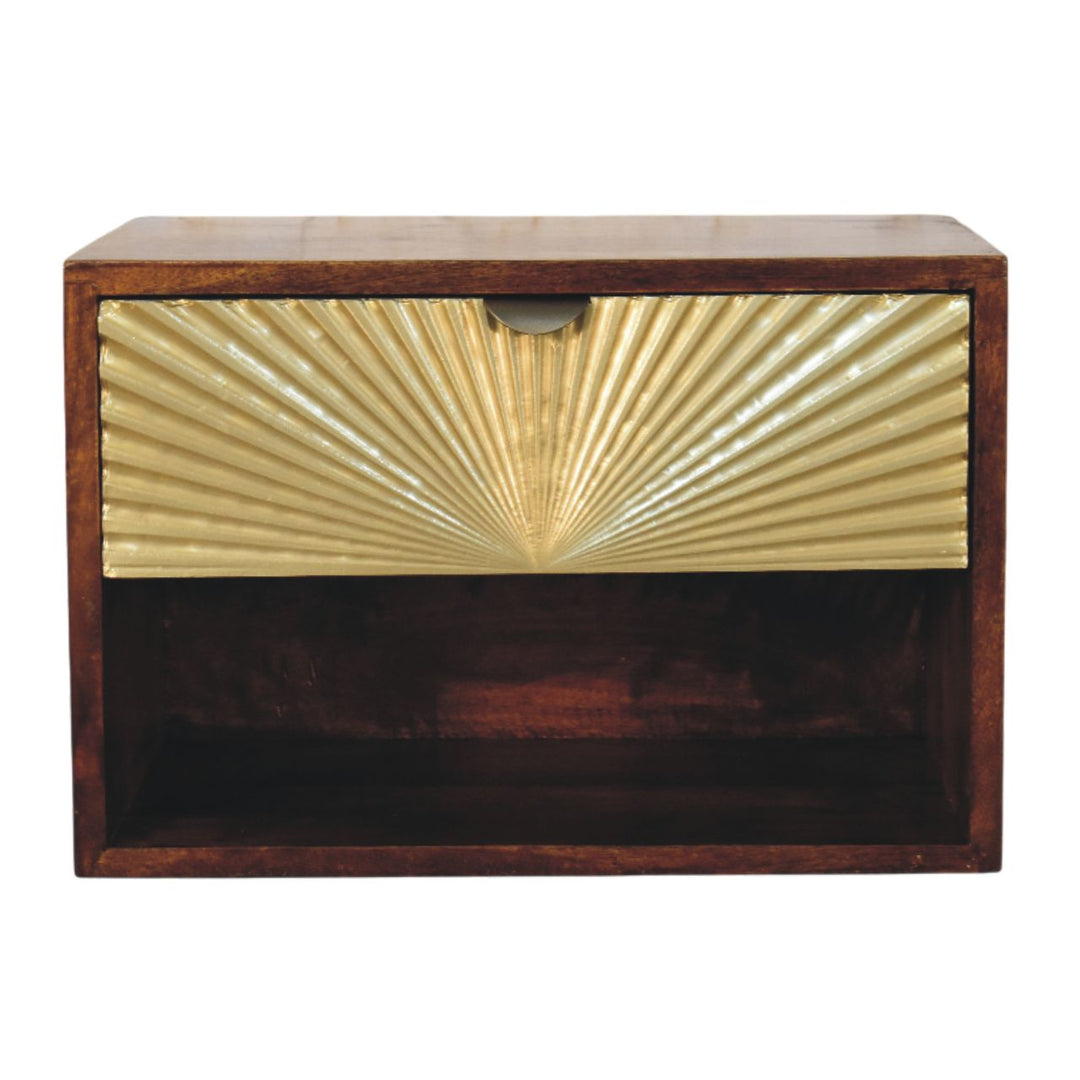 Solid Wood Sunburst Wall-Mounted Bedside 1 Drawer 1 Open Shelf Gold And Brown