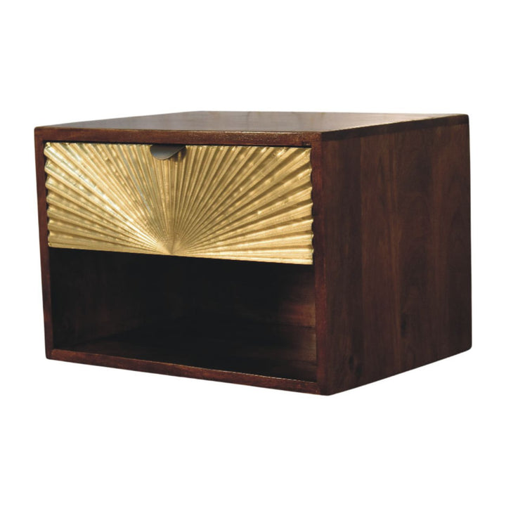 Solid Wood Sunburst Wall-Mounted Bedside 1 Drawer 1 Open Shelf Gold And Brown