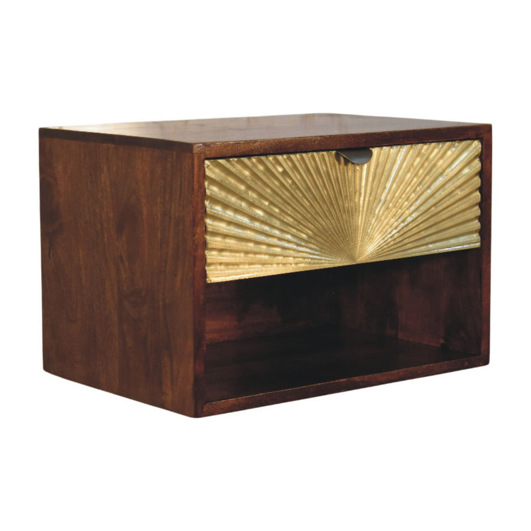 Solid Wood Sunburst Wall-Mounted Bedside 1 Drawer 1 Open Shelf Gold And Brown