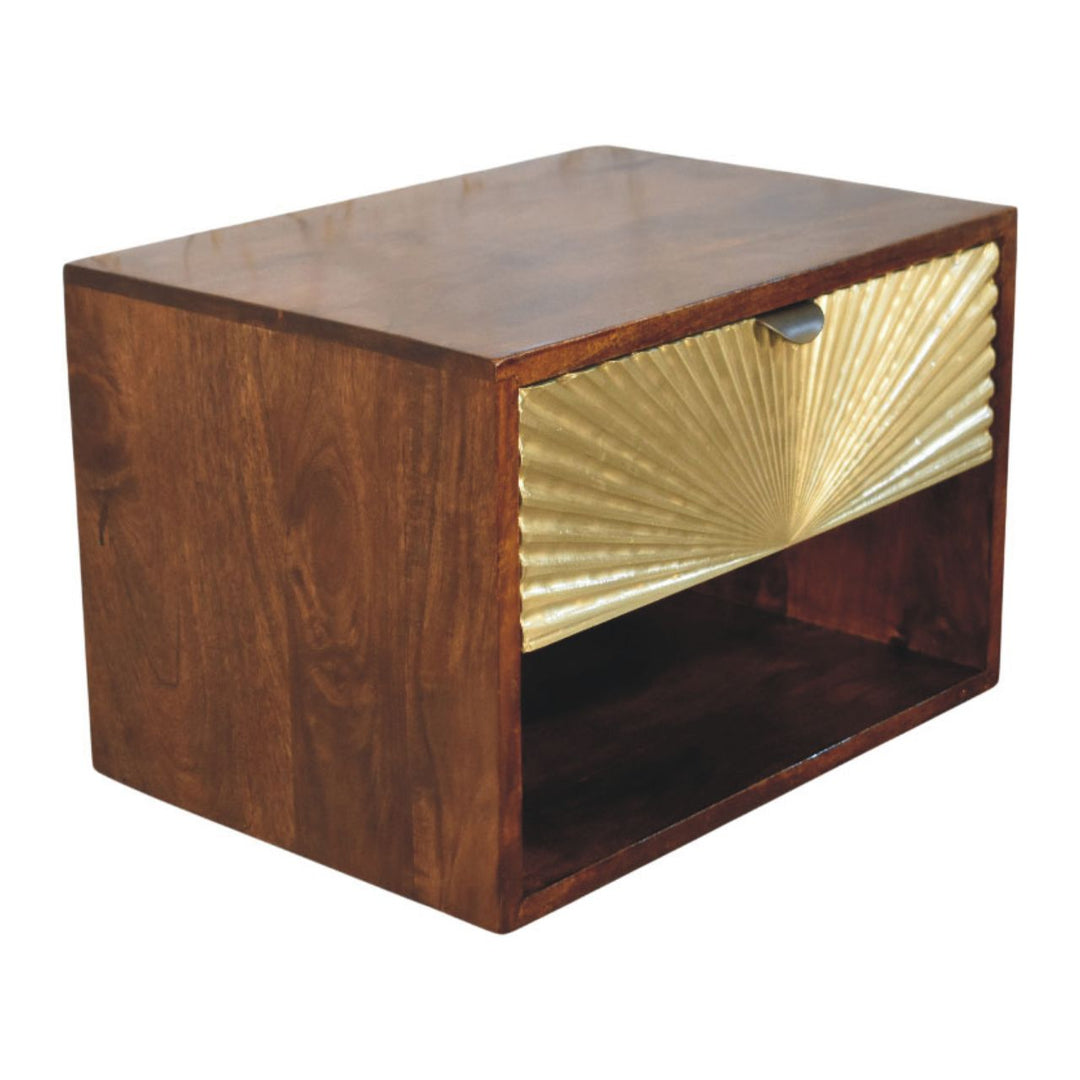 Solid Wood Sunburst Wall-Mounted Bedside 1 Drawer 1 Open Shelf Gold And Brown