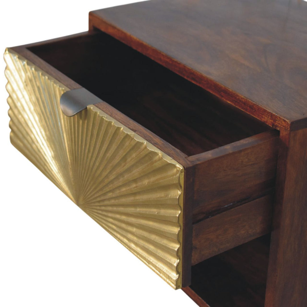 Solid Wood Sunburst Wall-Mounted Bedside 1 Drawer 1 Open Shelf Gold And Brown