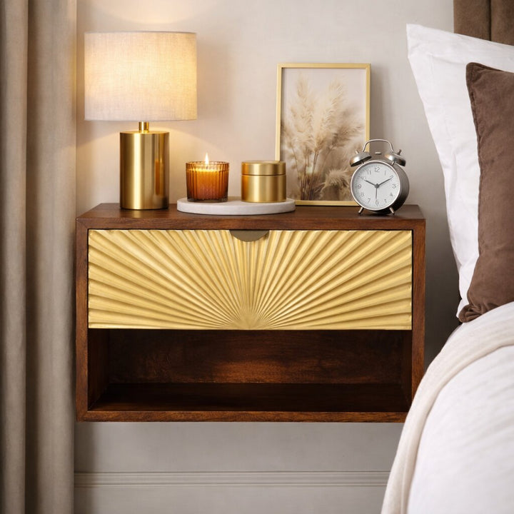 Solid Wood Sunburst Wall-Mounted Bedside 1 Drawer 1 Open Shelf Gold And Brown