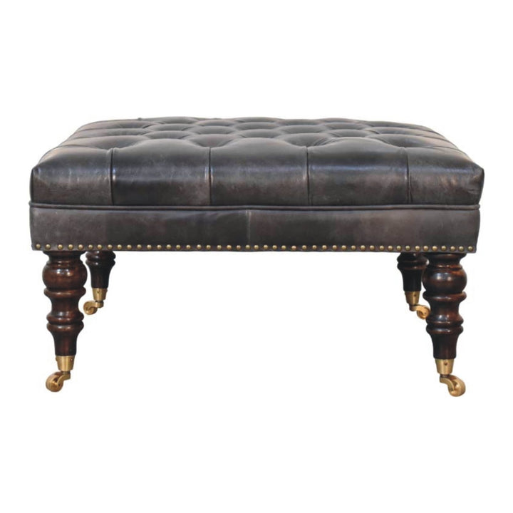 Solid Wood Black Leather Upholstered Ottoman