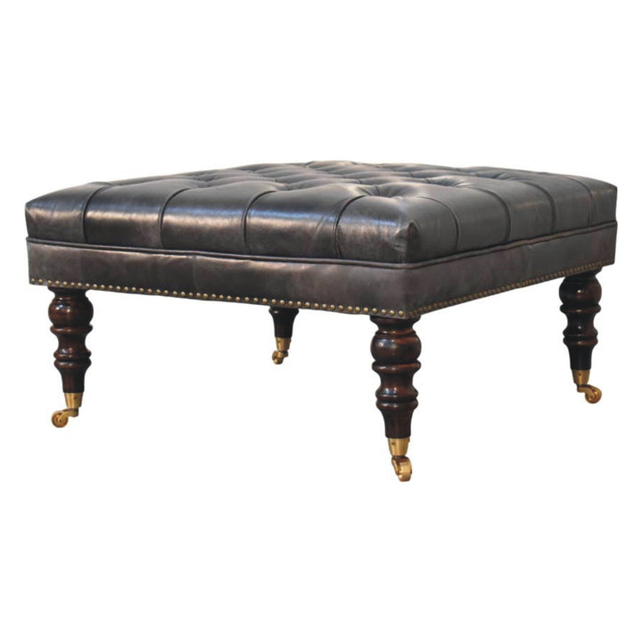 Solid Wood Black Leather Upholstered Ottoman