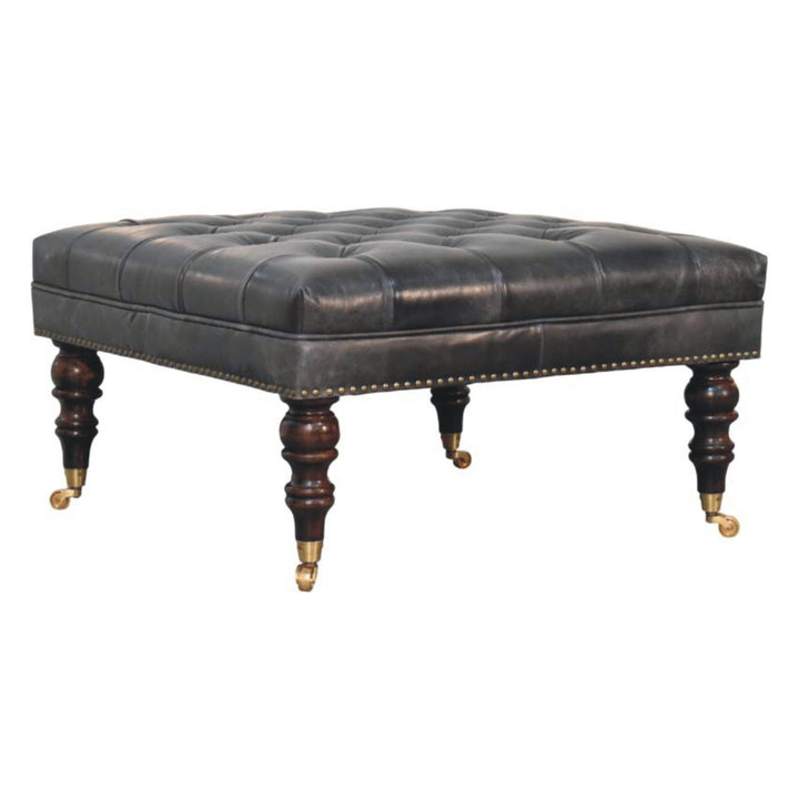 Solid Wood Black Leather Upholstered Ottoman