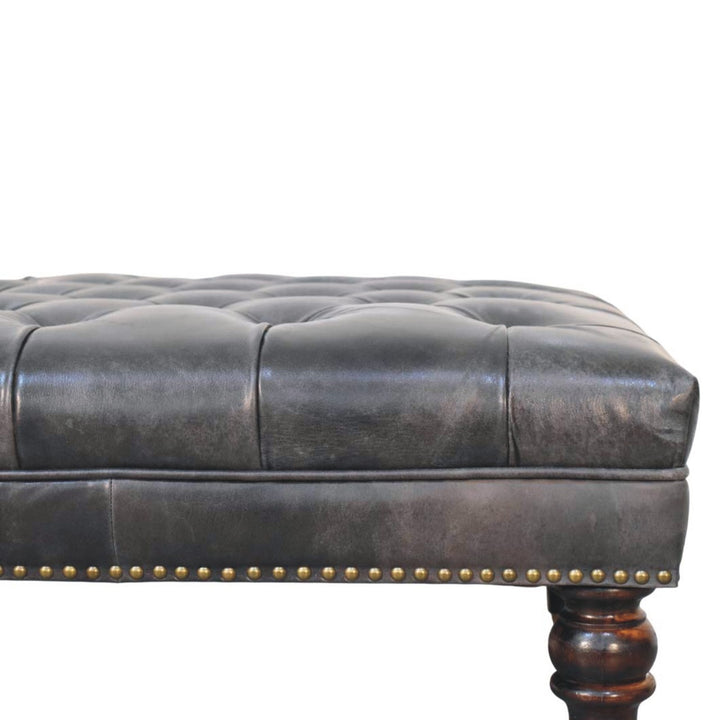 Solid Wood Black Leather Upholstered Ottoman