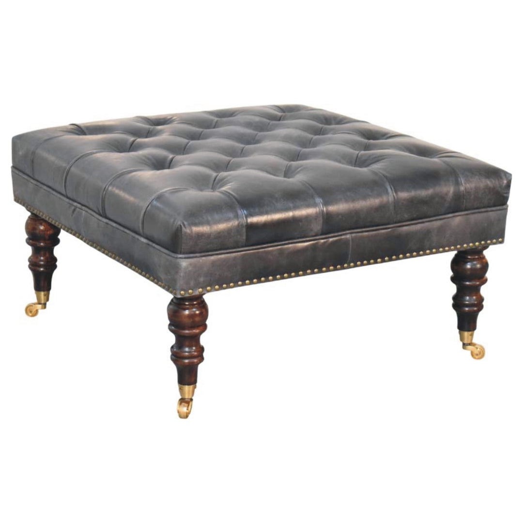Solid Wood Black Leather Upholstered Ottoman
