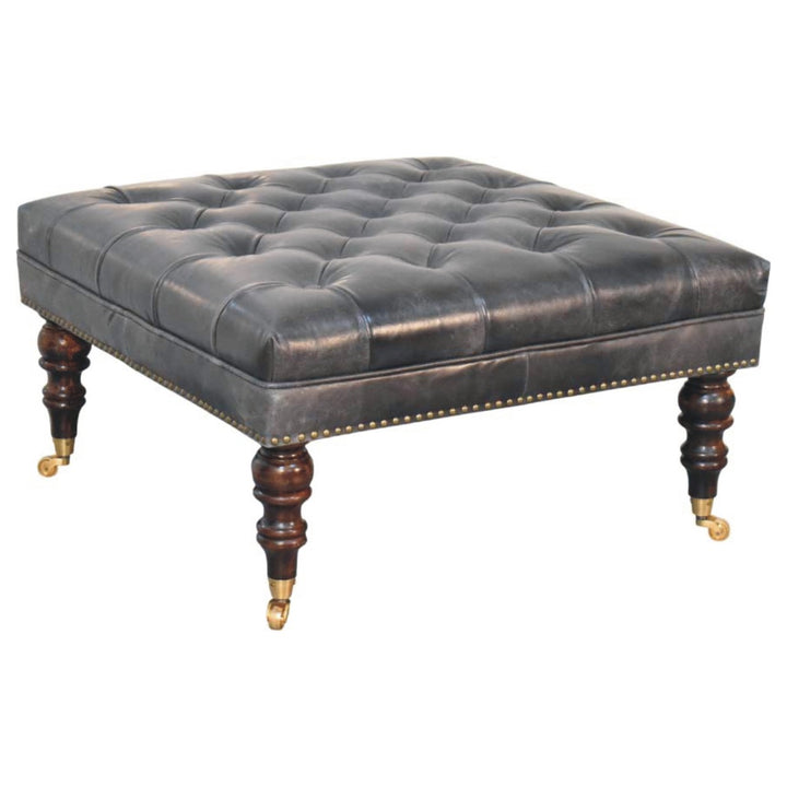 Solid Wood Black Leather Upholstered Ottoman