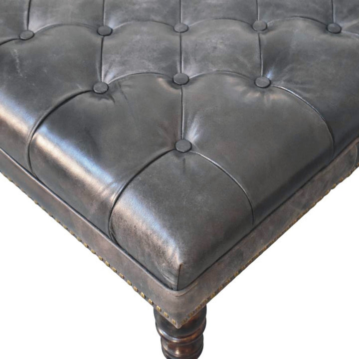 Solid Wood Black Leather Upholstered Ottoman