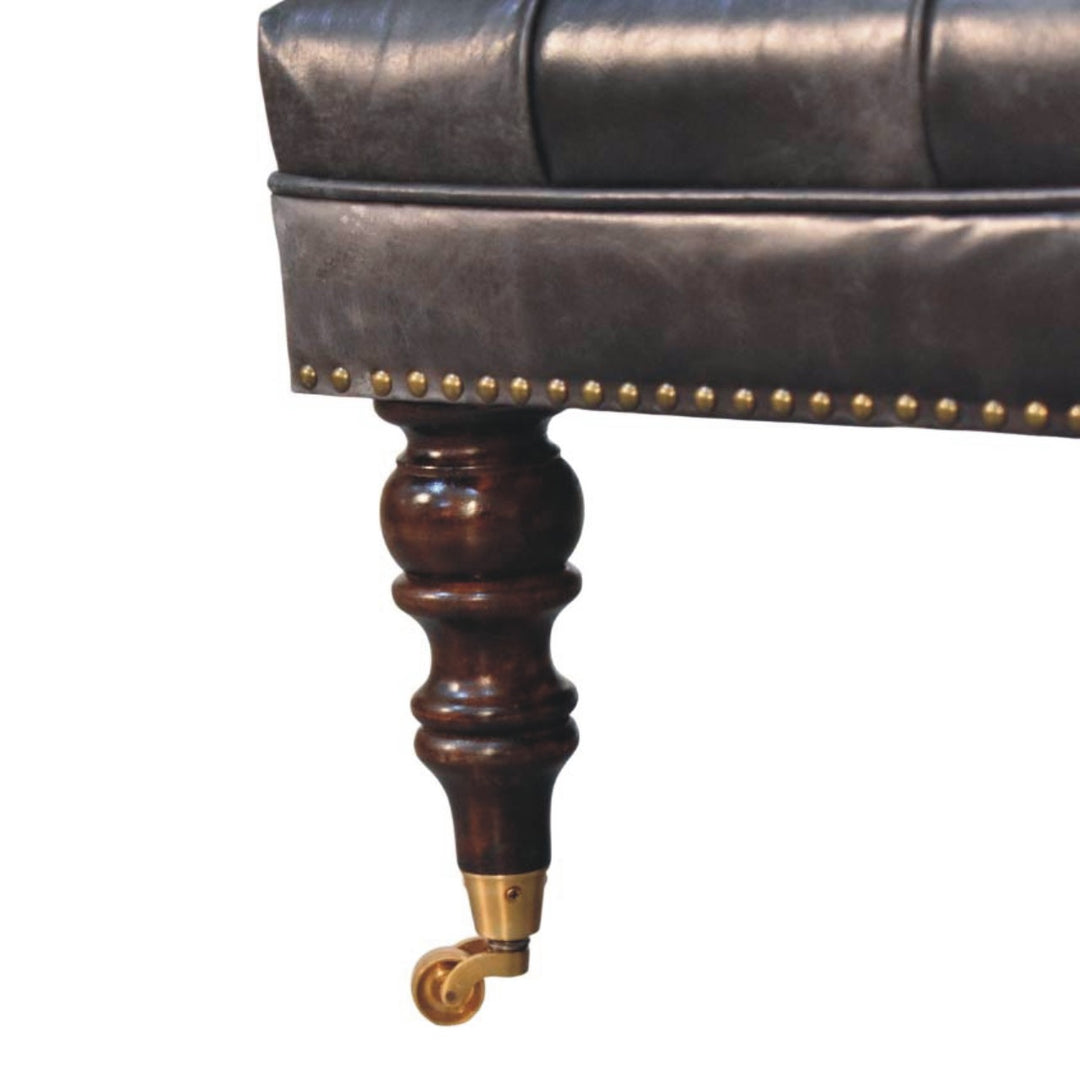 Solid Wood Black Leather Upholstered Ottoman
