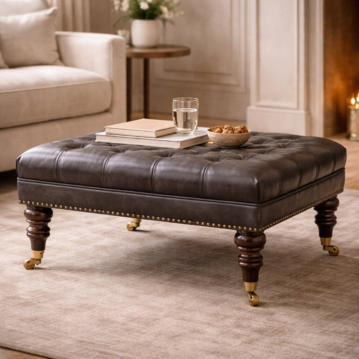 Solid Wood Black Leather Upholstered Ottoman