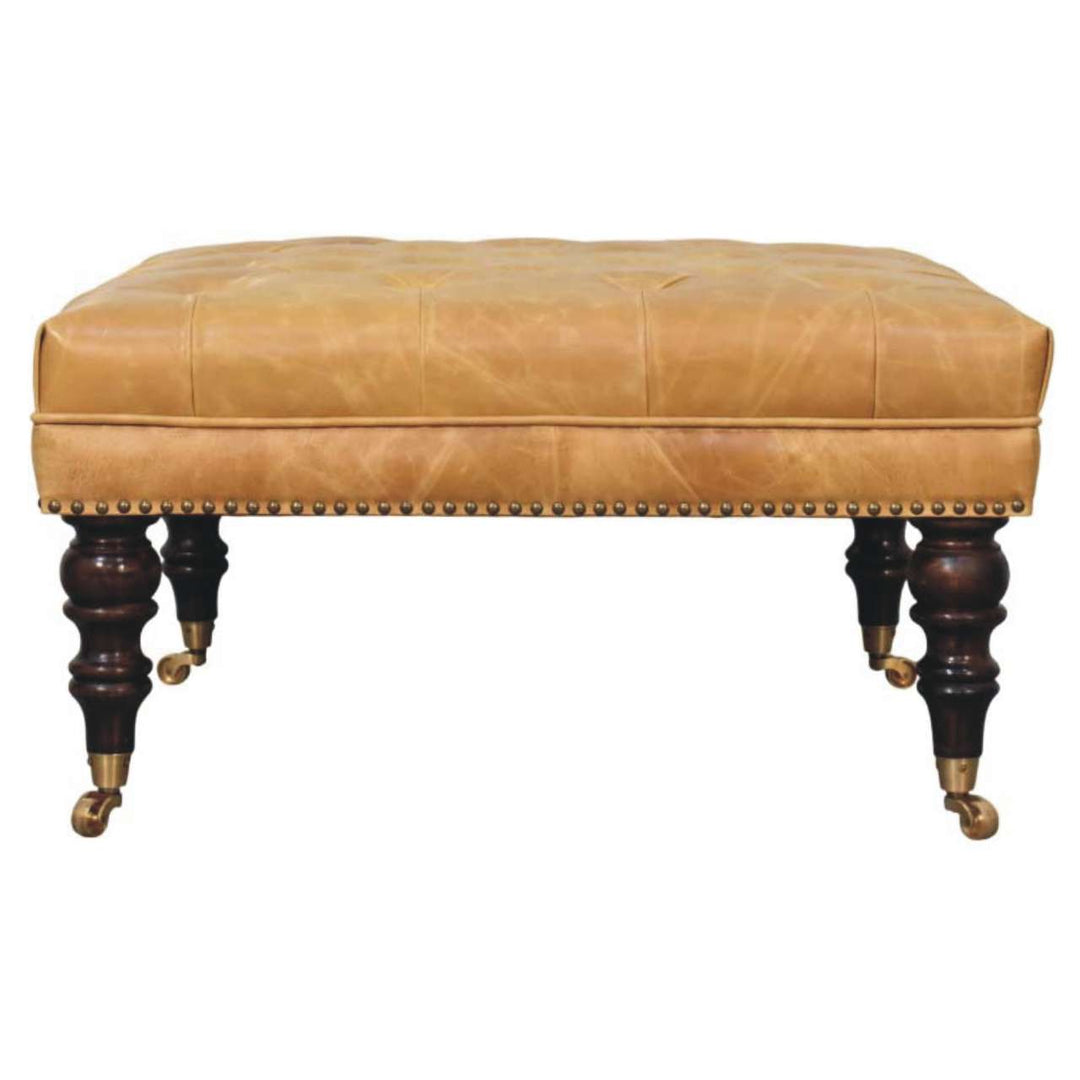 Solid Wood Tan Leather Upholstered Ottoman
