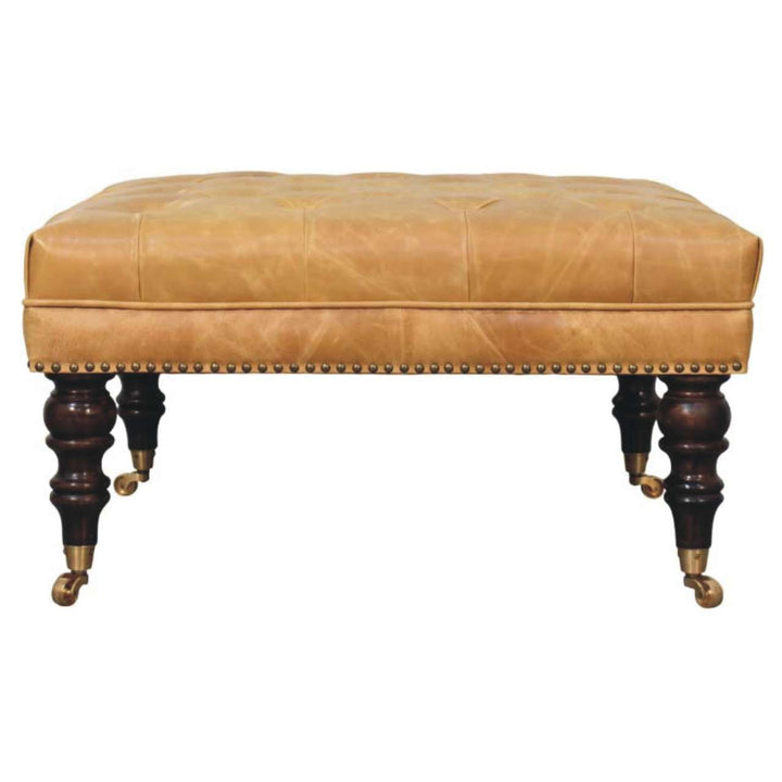Solid Wood Tan Leather Upholstered Ottoman