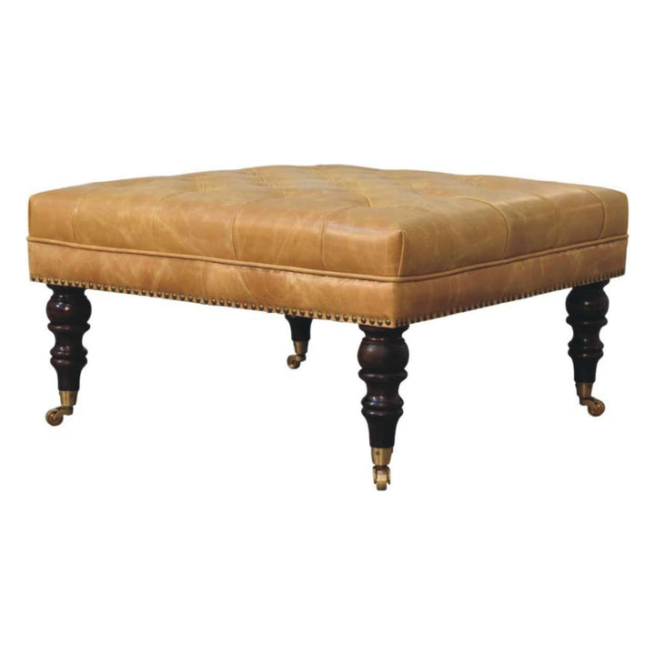 Solid Wood Tan Leather Upholstered Ottoman