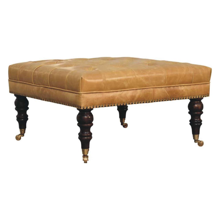 Solid Wood Tan Leather Upholstered Ottoman