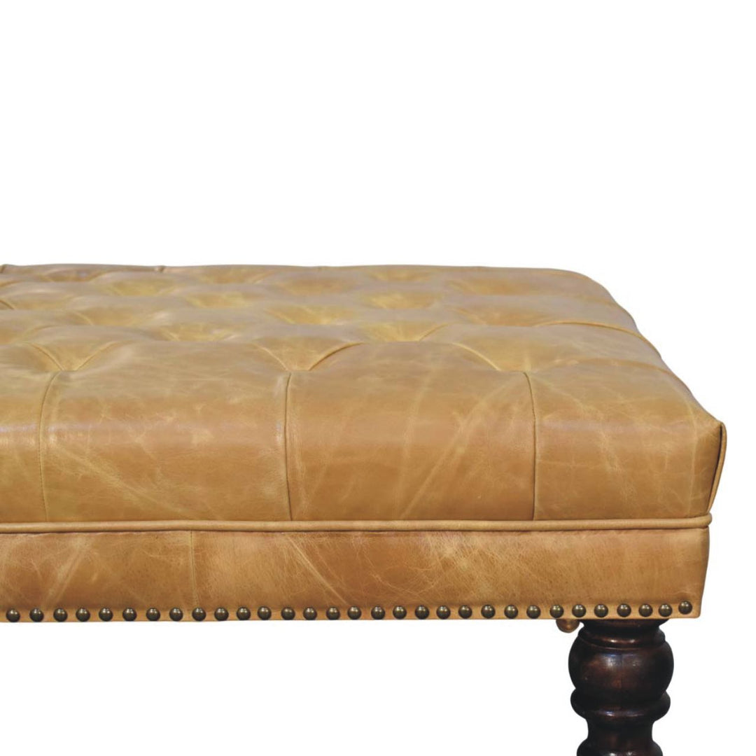 Solid Wood Tan Leather Upholstered Ottoman