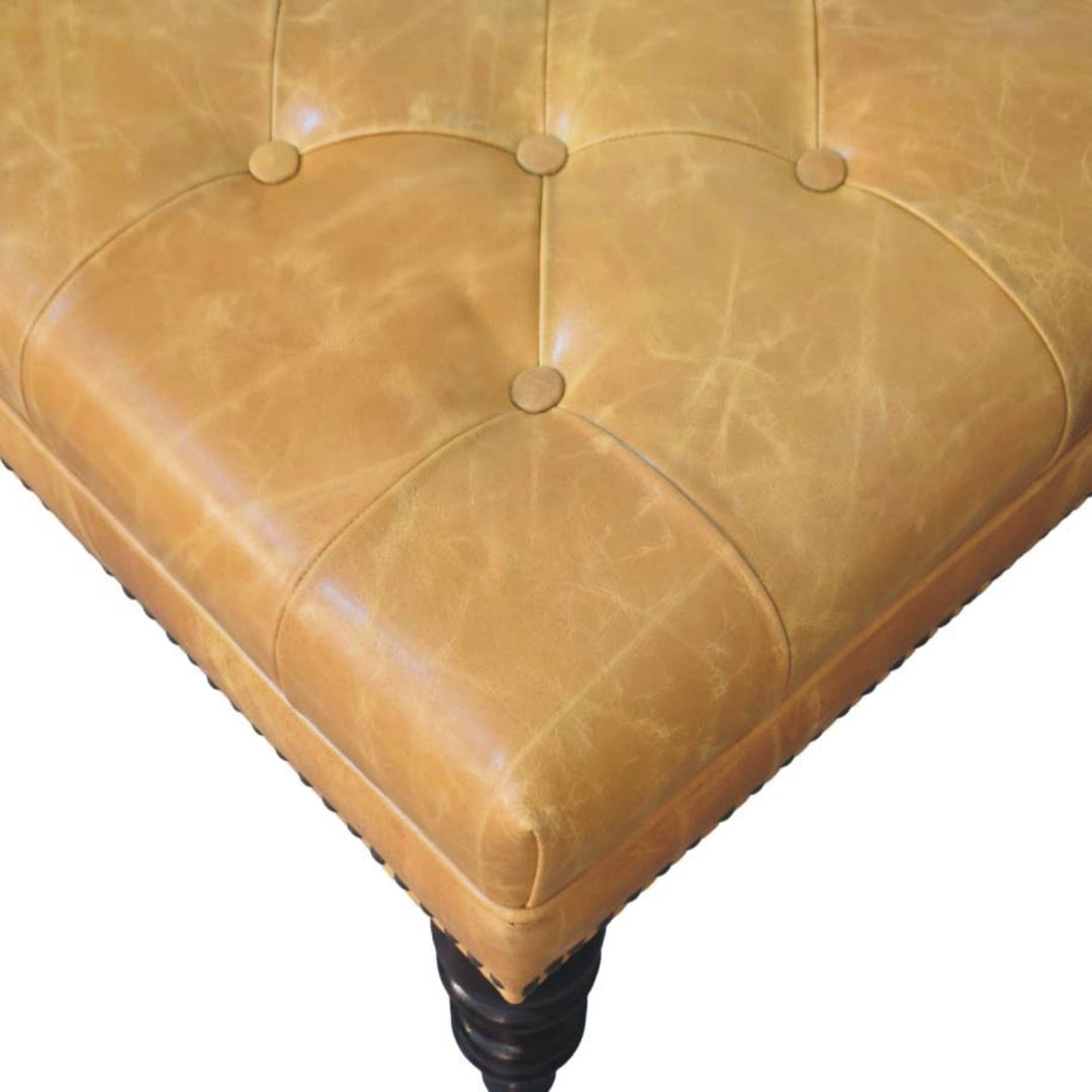 Solid Wood Tan Leather Upholstered Ottoman