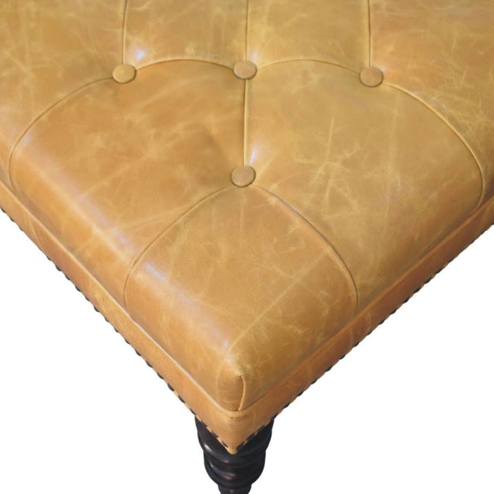 Solid Wood Tan Leather Upholstered Ottoman