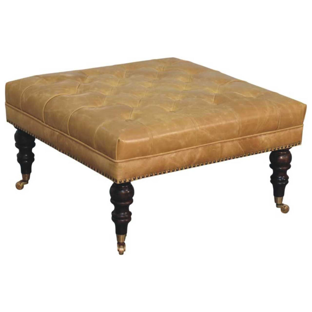 Solid Wood Tan Leather Upholstered Ottoman