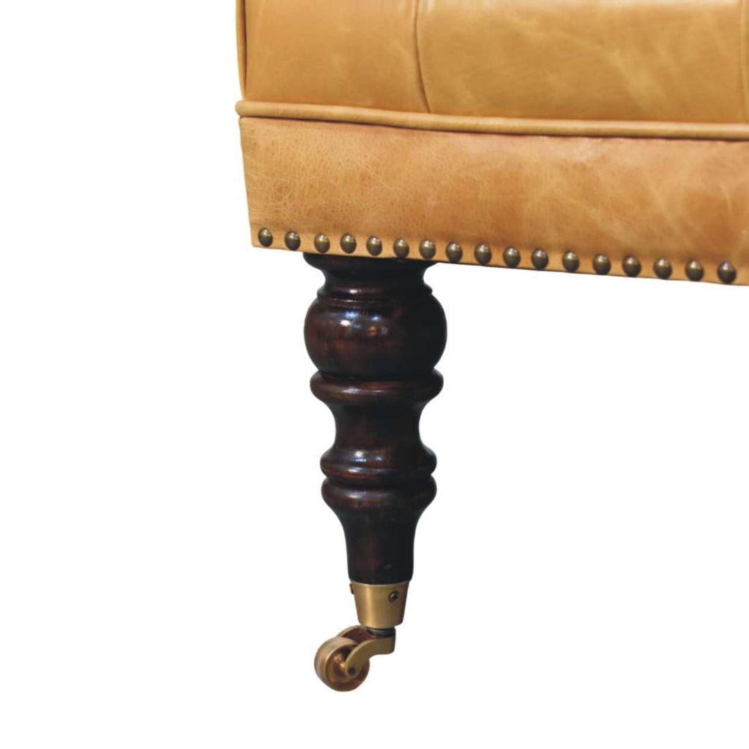 Solid Wood Tan Leather Upholstered Ottoman
