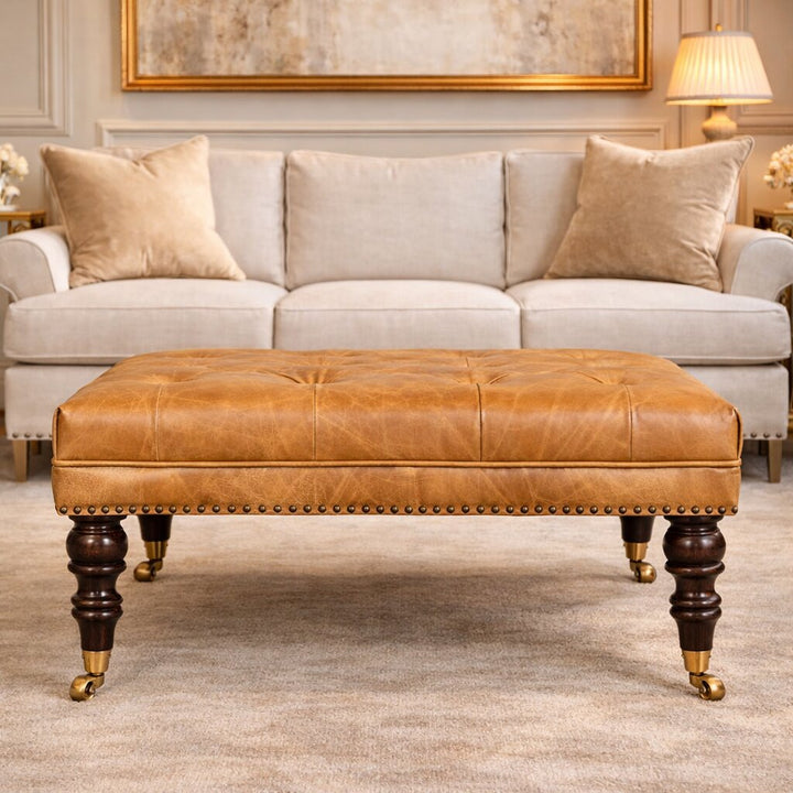 Solid Wood Tan Leather Upholstered Ottoman