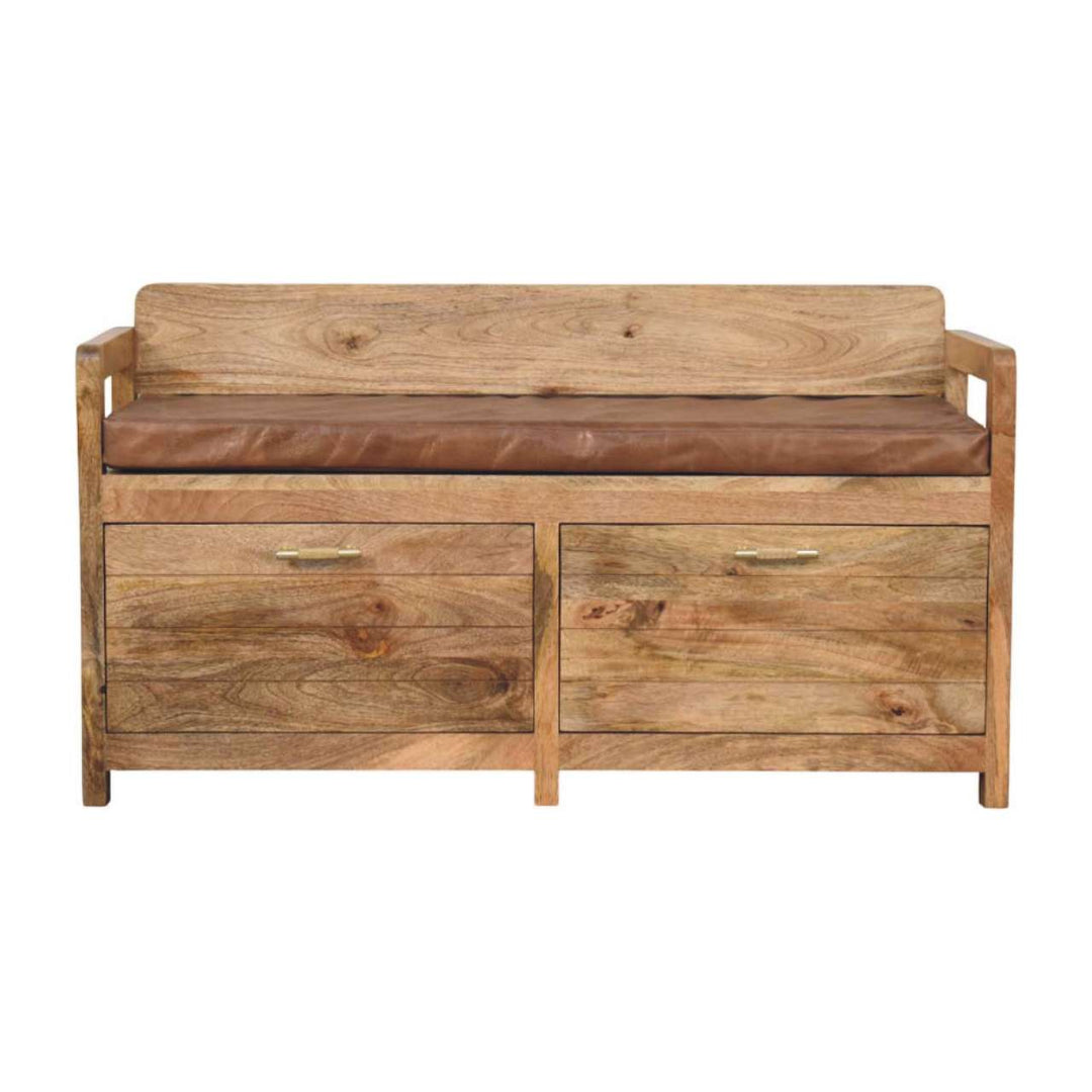Solid Wood Oakish Storage Bench with Brown Leather Seat