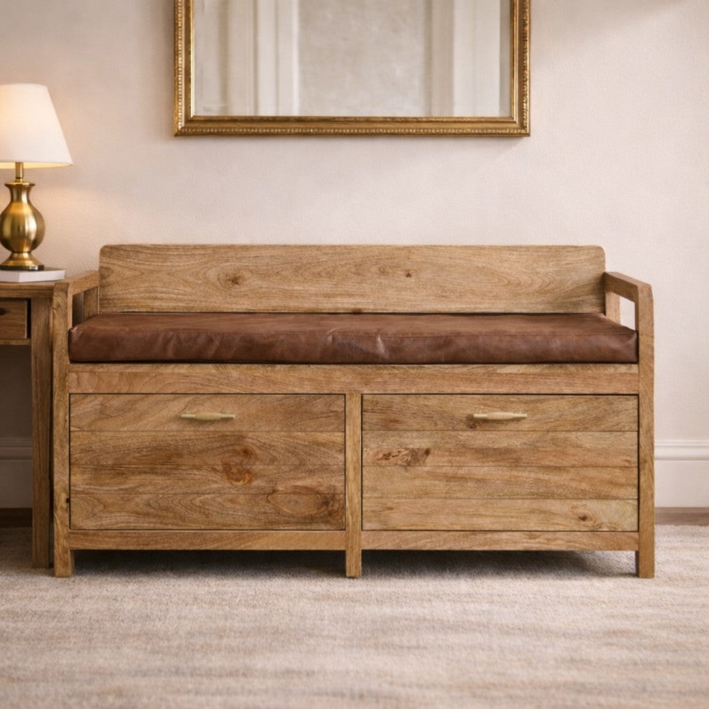 Solid Wood Oakish Storage Bench with Brown Leather Seat