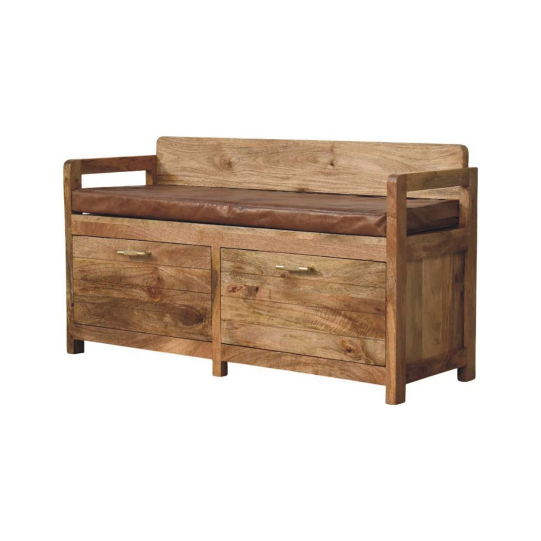Solid Wood Oakish Storage Bench with Brown Leather Seat