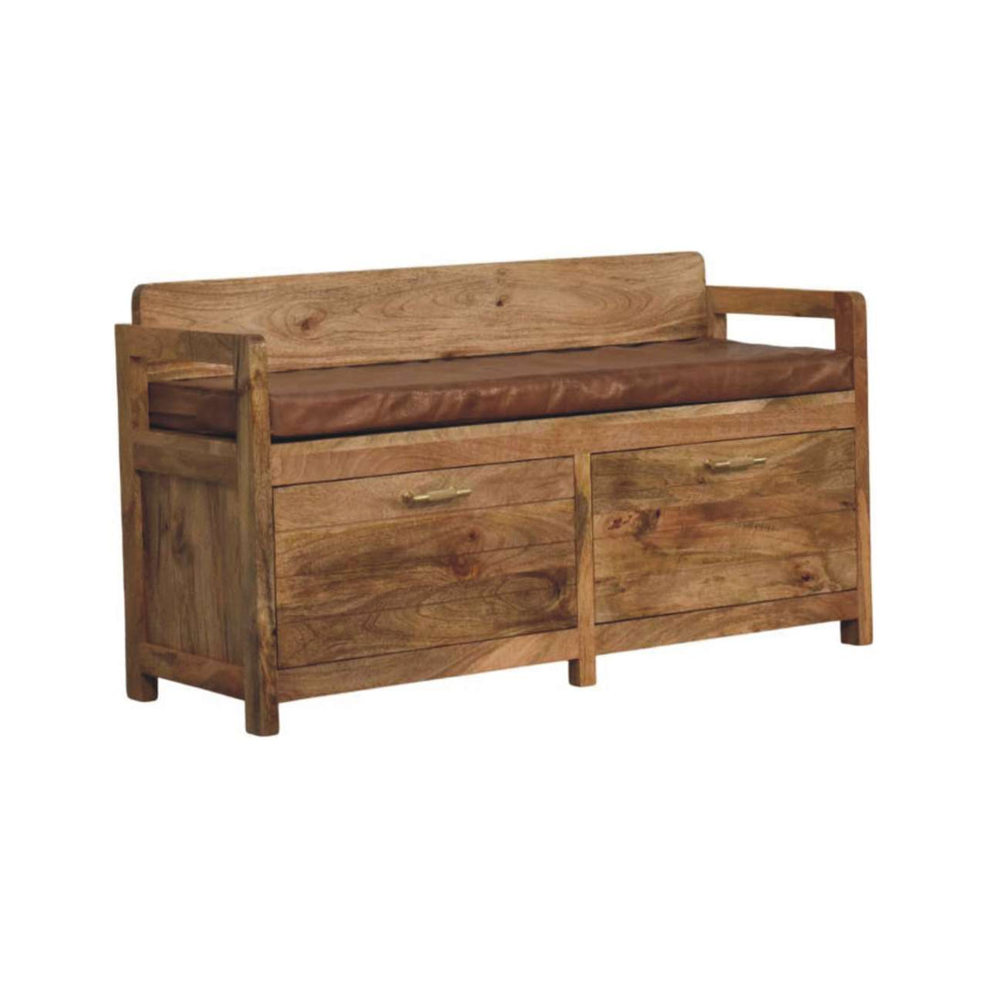 Solid Wood Oakish Storage Bench with Brown Leather Seat