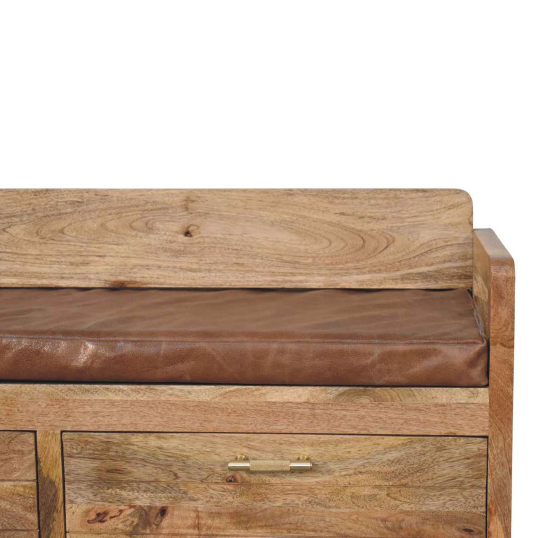 Solid Wood Oakish Storage Bench with Brown Leather Seat