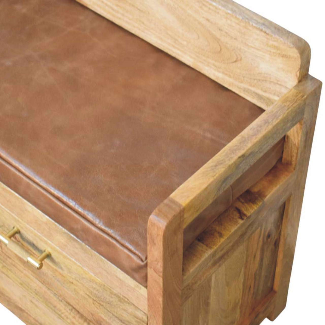 Solid Wood Oakish Storage Bench with Brown Leather Seat